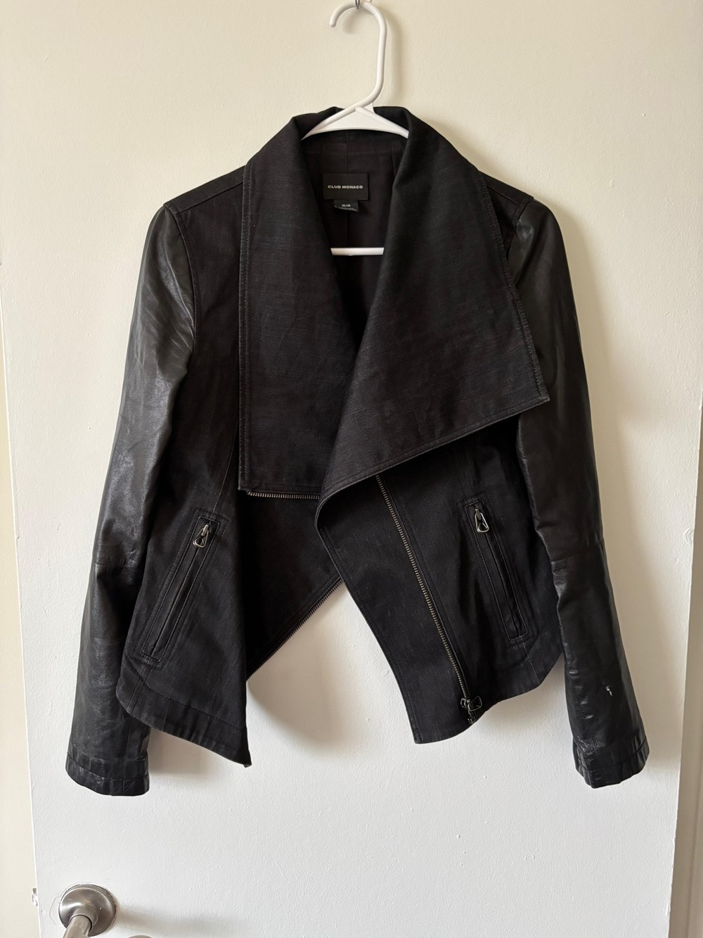 Club Monaco Black Asymmetrical Draped Leather-Trim Jacket